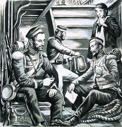 Soldiers talking below decks by English School